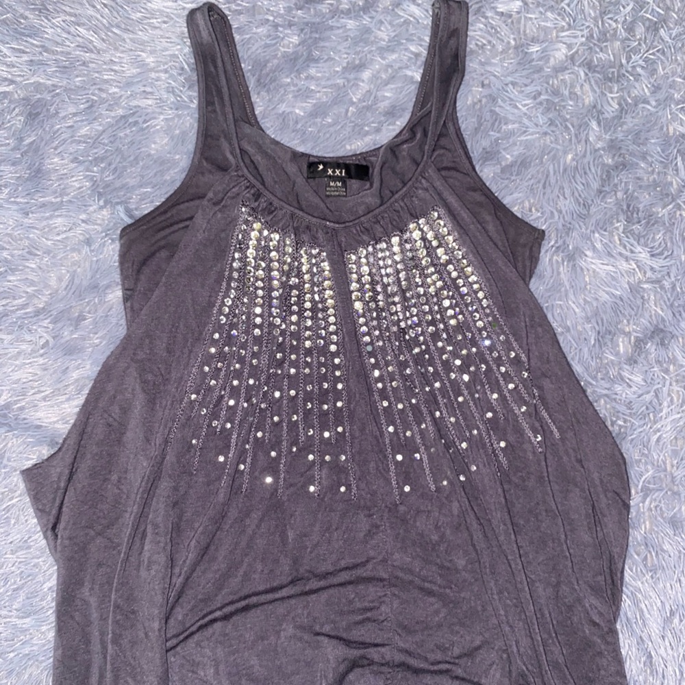 💎Blinged out dark grey tank with bubble hem Med.